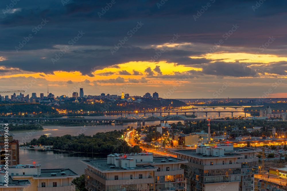 Twilight panoramic cityscape. Aerial view from eastern Kiev. Ukraine.