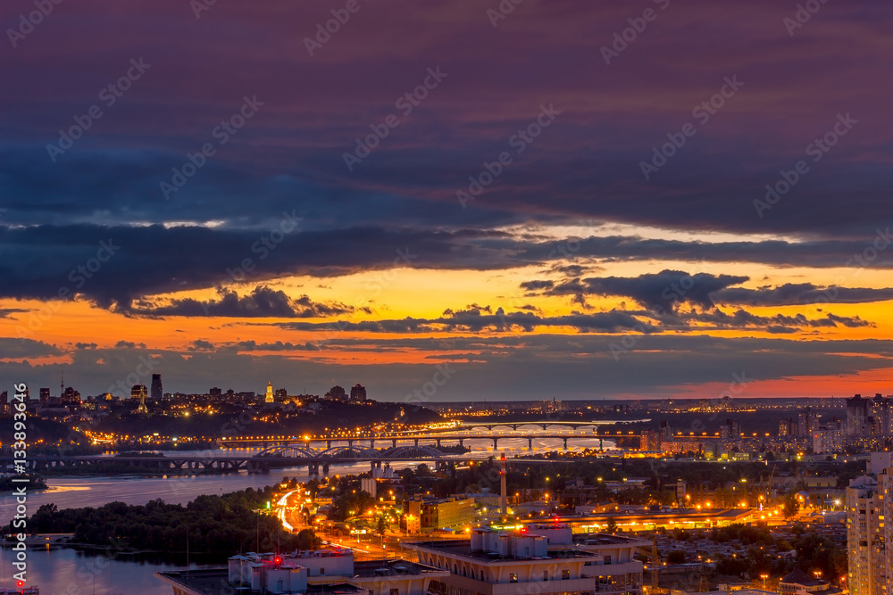 Twilight panoramic cityscape. Aerial view from eastern Kiev. Ukraine.
