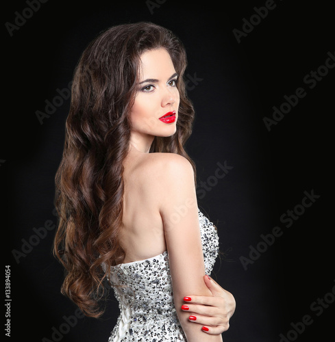 Beauty model. Beautiful sexy brunette with red lips  long health