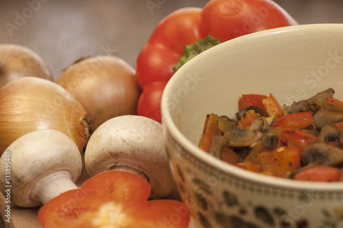 Vegan dish - peppers  mushrooms and onions.