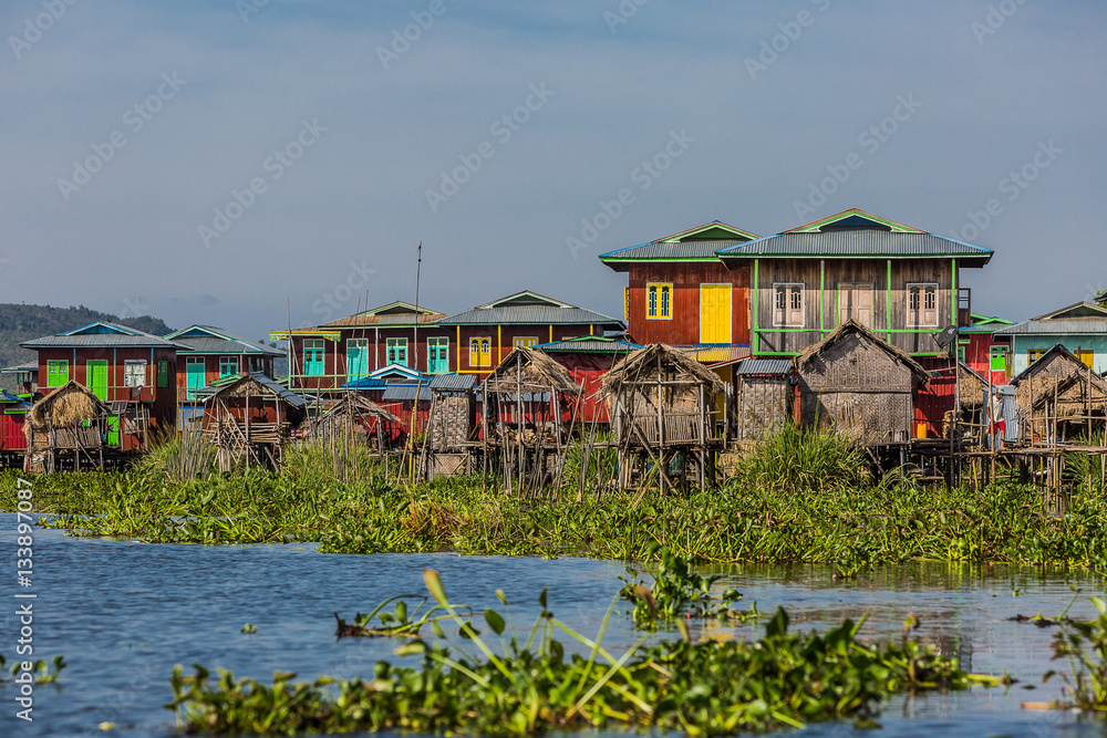 floating houses on the canal of the Inle Lake Shan state in Myanmar