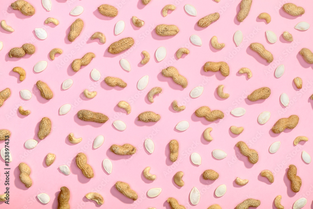 Peanut, pumpkin seeds and cashews flat lay Peanut, pumpkin seeds and cashews flat lay