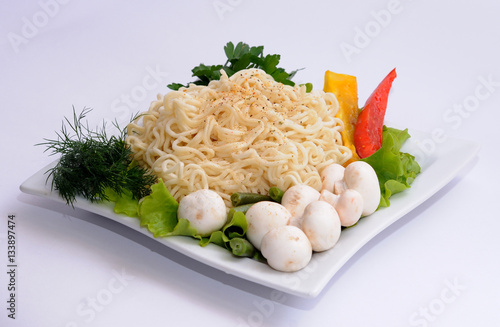 Instant noodles with mushrooms and vegetables