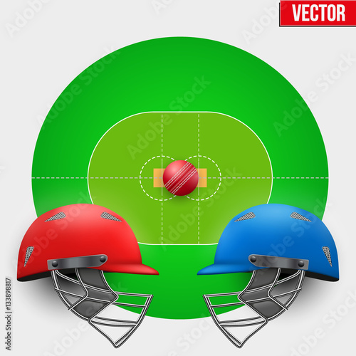 Background of Cricket teams competition. Helmets on field with ball. Vector illustration Isolated on background.