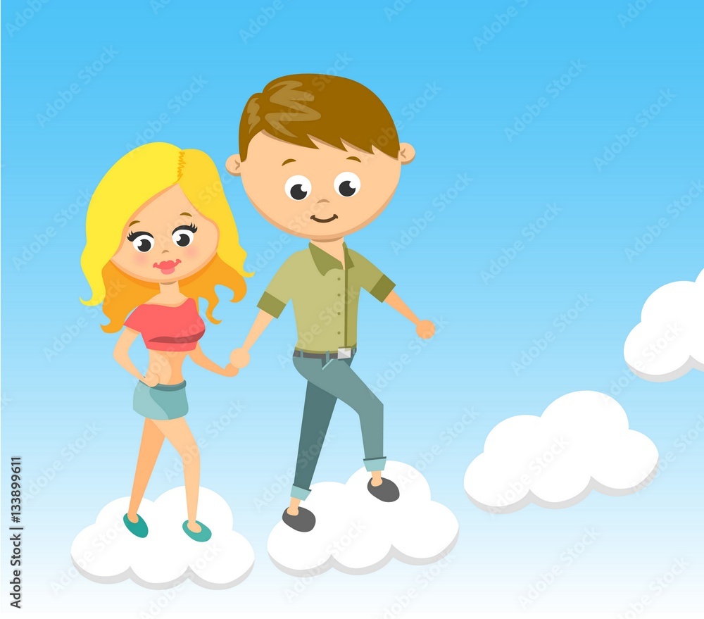 Cute Cartoon Boy and Girl. With Love. Walking on Clouds. Character, Little, Joy, Young, Smile, Pretty, Happy.