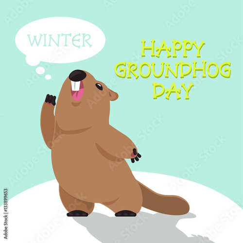 Postcard Vector Groundhog Day. Funny groundhog predicts the weather in their shadow.