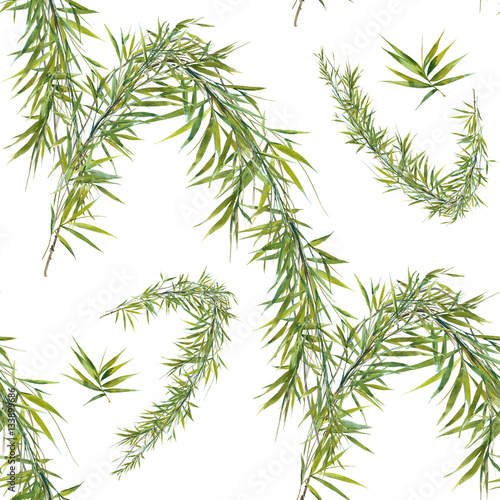 Watercolor illustration of bamboo leaves , seamless pattern on white background