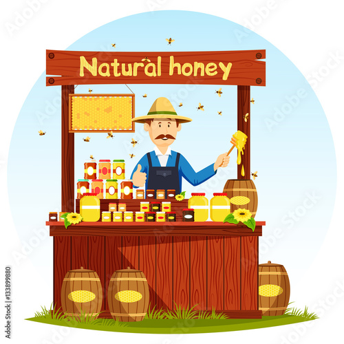 Agronom selling honey at market stall or showcase