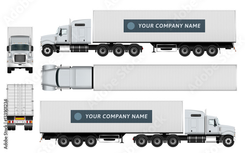 Cargo container truck template on white background. The ability to easily change the color.
All sides in groups on separate layers. View from side, back, front and top.