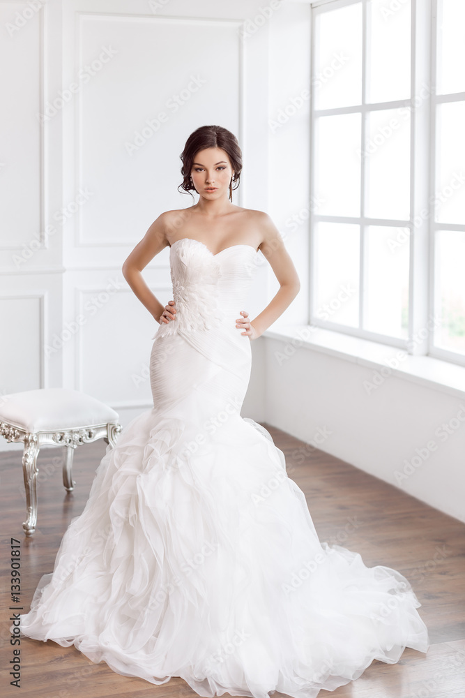 Beautiful bride. Wedding hairstyle make-up luxury fashion dress concept Beautiful bride. Wedding hairstyle make-up luxury fashion dress concept