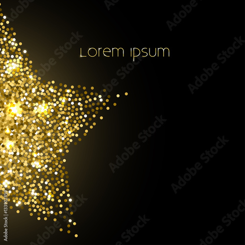 Star of golden sparkles Vector illustration Glittering star composed of golden sparkles on black background Postcard template