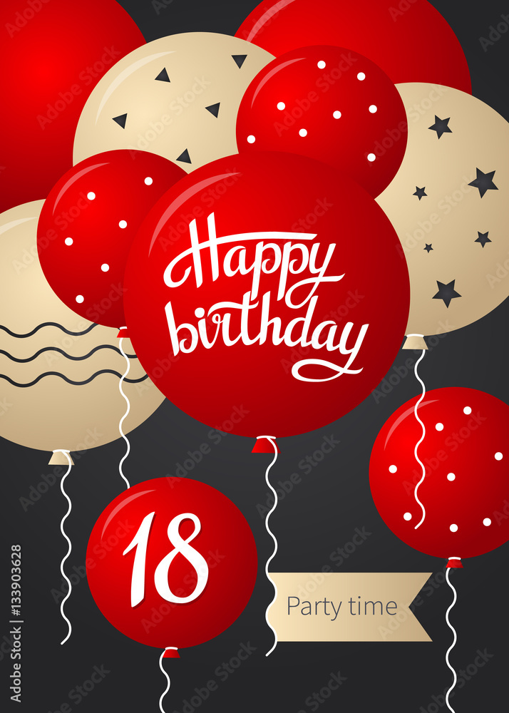 Happy Birthday card template with balloons. 18 years. Vector ...