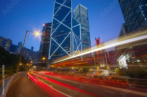 Traffic Car light trails on Cityscape, business buildings, Hong
