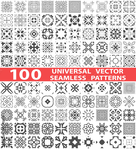100 Universal different vector seamless patterns (tiling). Endless texture can be used for wallpaper, pattern fills, web page background,surface textures. Set of monochrome ornaments