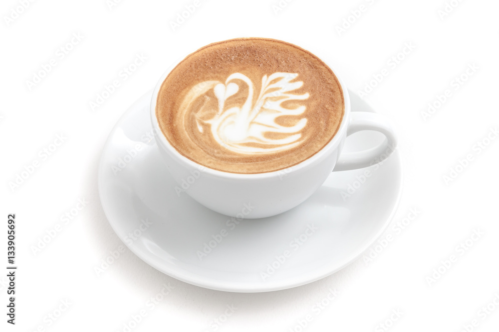 Coffee cup of latte art in a beautiful swan shape on white background isolated