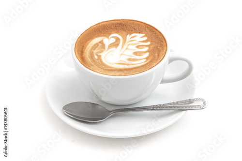 Fototapeta Naklejka Na Ścianę i Meble -  Coffee cup of latte art in a beautiful swan shape on white background isolated