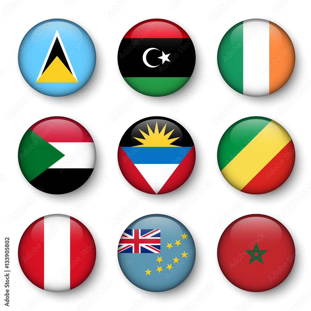 Set of world flags round badges ( Saint Lucia . Libya . ireland . Sudan . Antigua and Barbuda . Republic of the Congo . Peru . Tuvalu . Morocco ) Set of world flags round badges ( Saint Lucia . Libya . ireland . Sudan . Antigua and Barbuda . Republic of the Congo . Peru . Tuvalu . Morocco )
