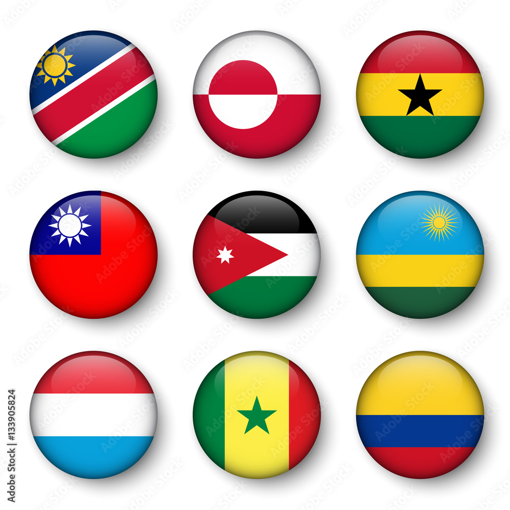 Set of world flags round badges ( Namibia . Greenland . Ghana . Taiwan . Jordan . Rwanda . Luxembourg . Senegal . Colombia ) Set of world flags round badges ( Namibia . Greenland . Ghana . Taiwan . Jordan . Rwanda . Luxembourg . Senegal . Colombia )