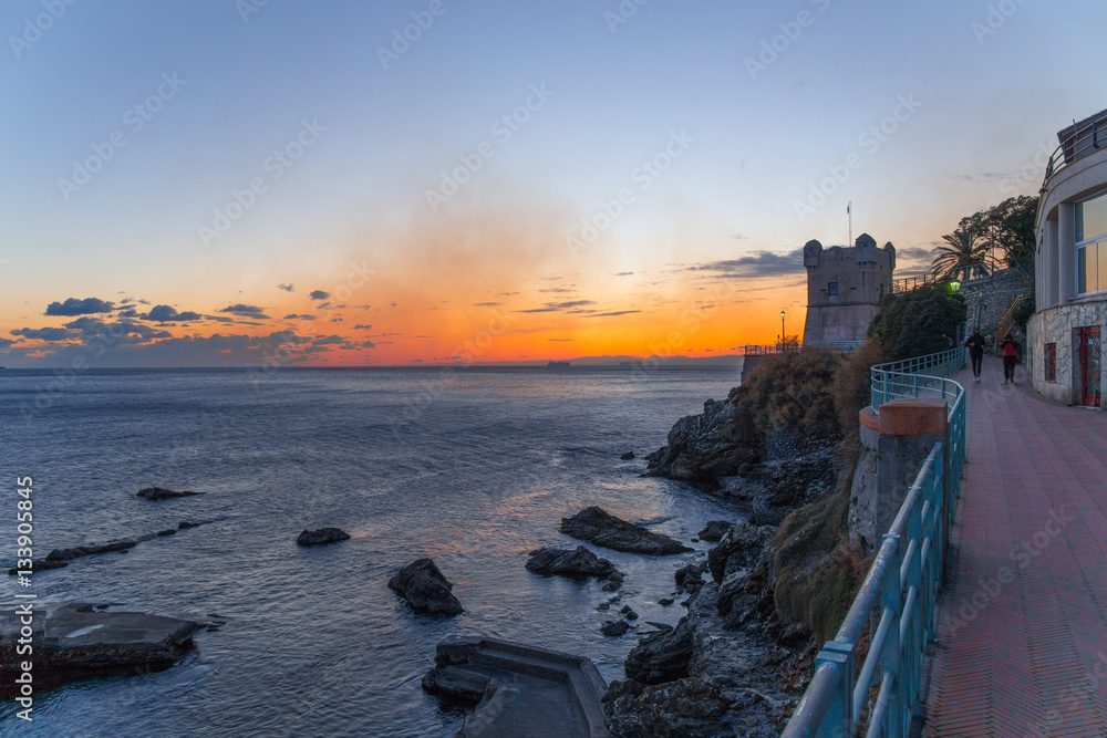 Sunset over the sea in Genoa (Genova) Nervi, italy