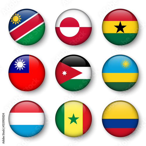 Set of world flags round badges ( Namibia . Greenland . Ghana . Taiwan . Jordan . Rwanda . Luxembourg . Senegal . Colombia )