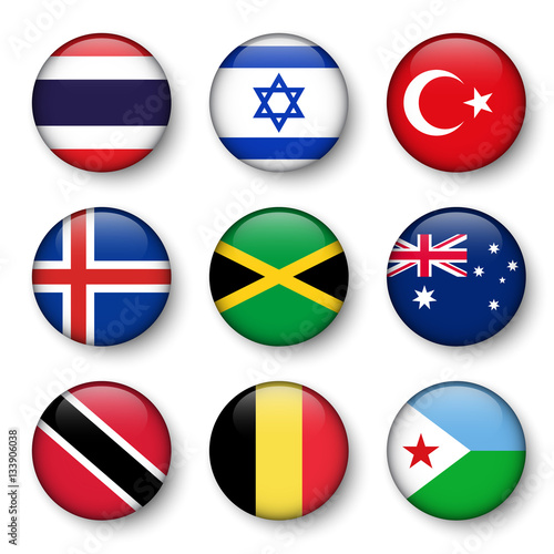 Set of world flags round badges ( Thailand . Israel . Turkey . Iceland . Jamaica . Australia . Trinidad and tobago . Belgium . Djibouti )