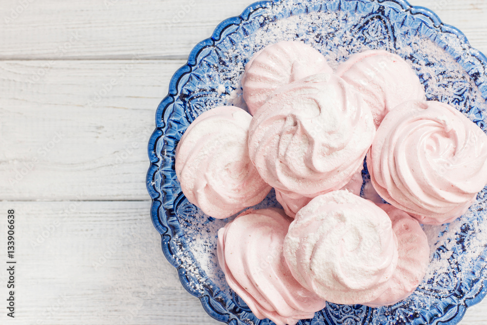 Strawberry marshmallows on a white background, horizontal, soft focus Strawberry marshmallows on a white background, horizontal, soft focus
