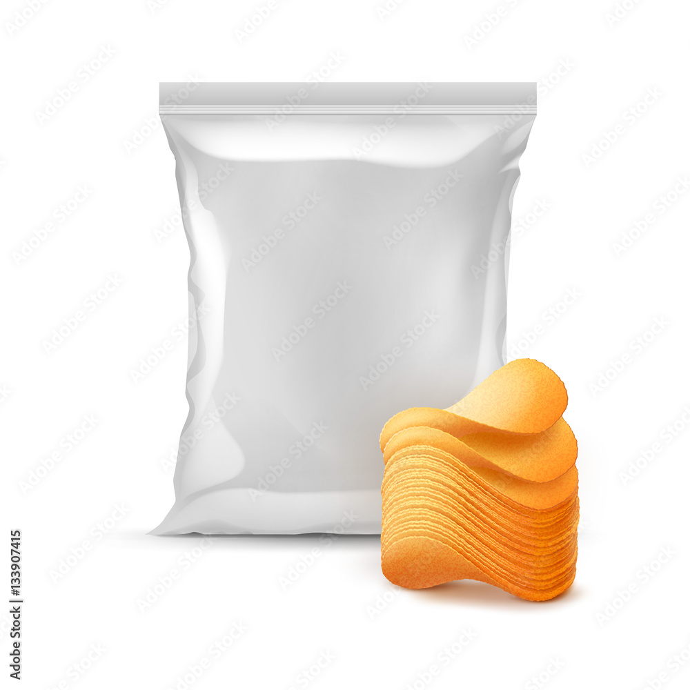 Vector Vertical Sealed Foil Plastic Bag for Package Design with Stack of Potato Crispy Chips Close up Isolated on White Background