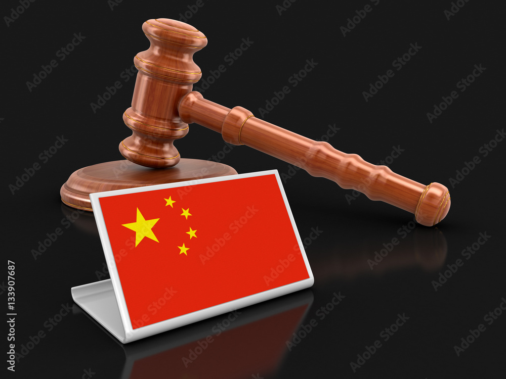 3d wooden mallet and Chinese flag. Image with clipping path