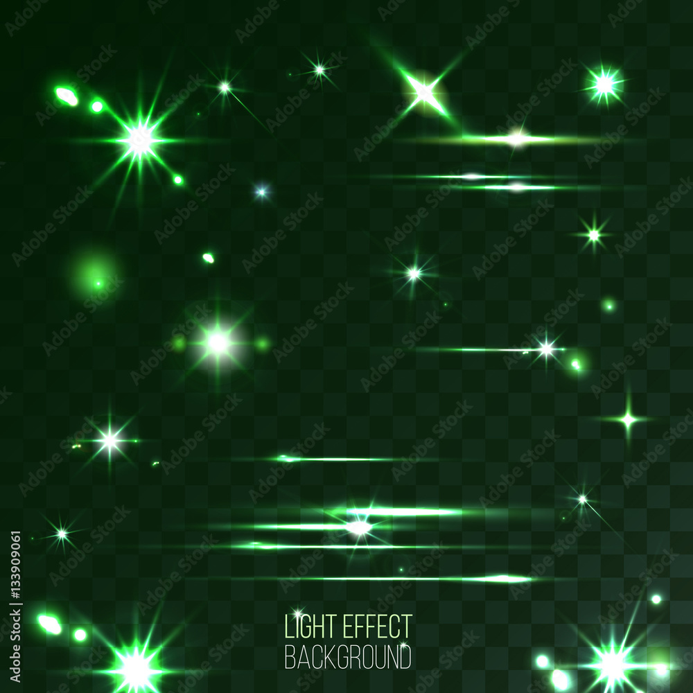Obraz premium set of abstract lens stars flares and stripes on transparent gre