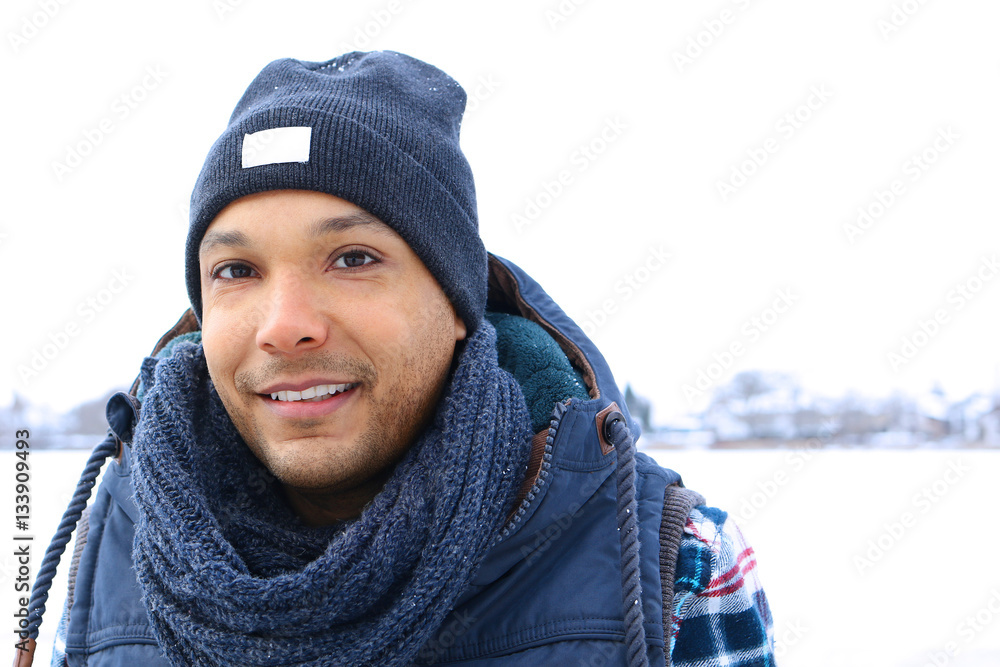 Handsome interracial man in winter