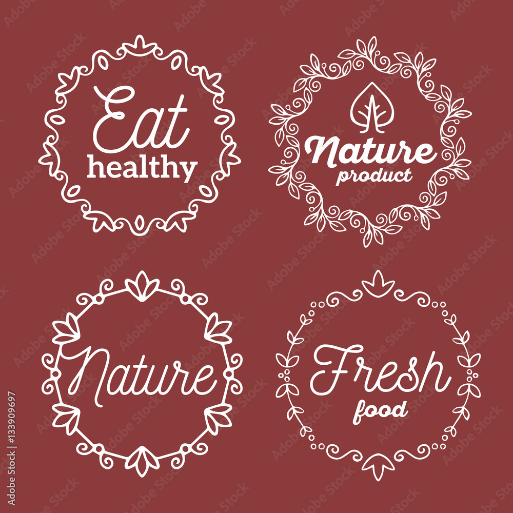 Vector set of eco badges with white text. Logo templates with fl