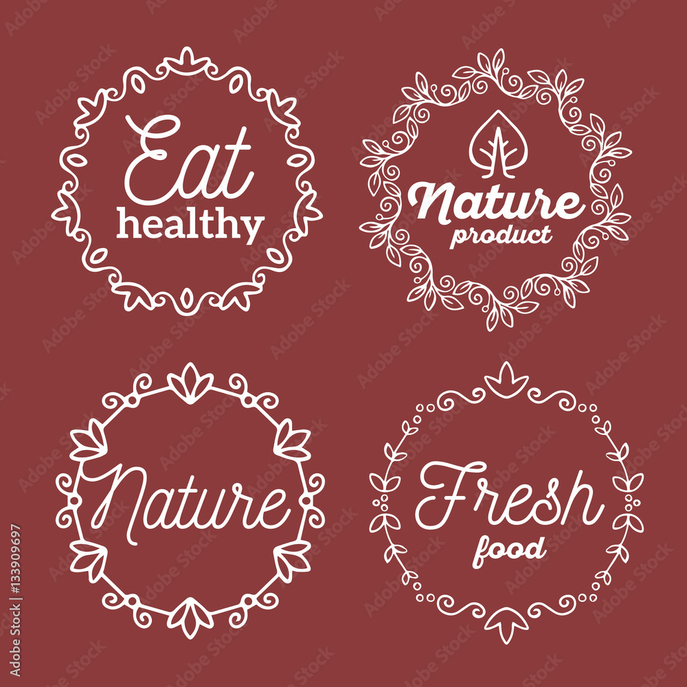 Vector set of eco badges with white text. Logo templates with fl Vector set of eco badges with white text. Logo templates with fl