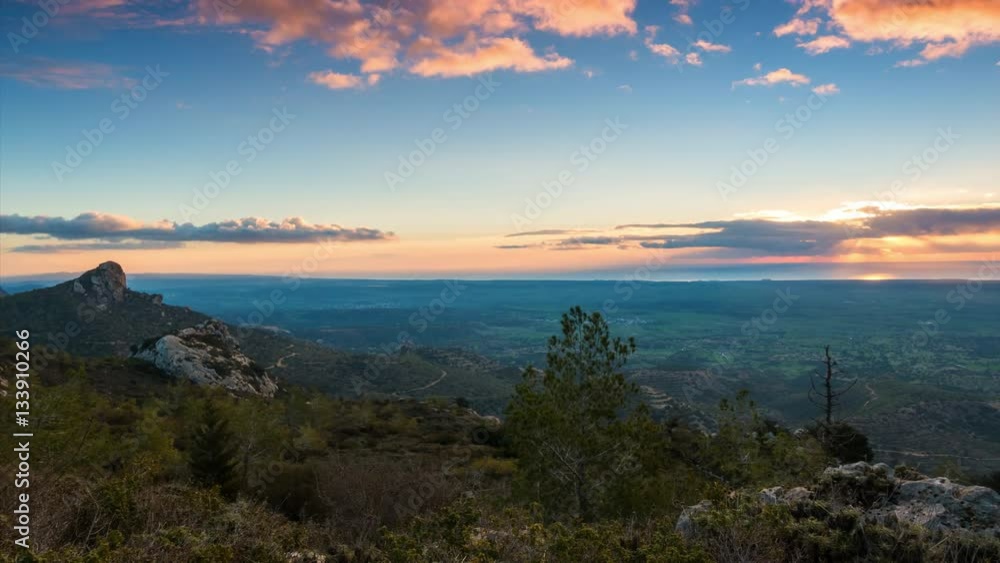 Beautiful sunrise in Cyprus mountains. Time lapse