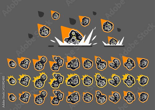 Animated asteroids with fire for creating video games
