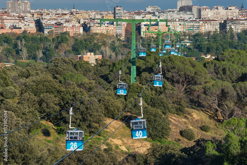Cable car over casa de campo park in Madrid, Spain.