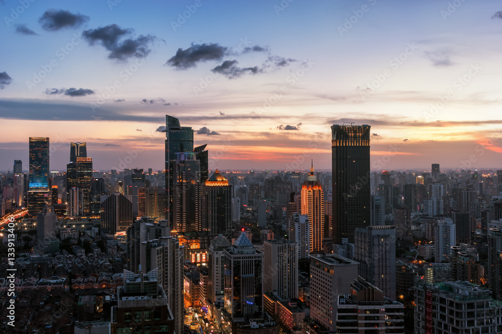shanghai skyline at dusk