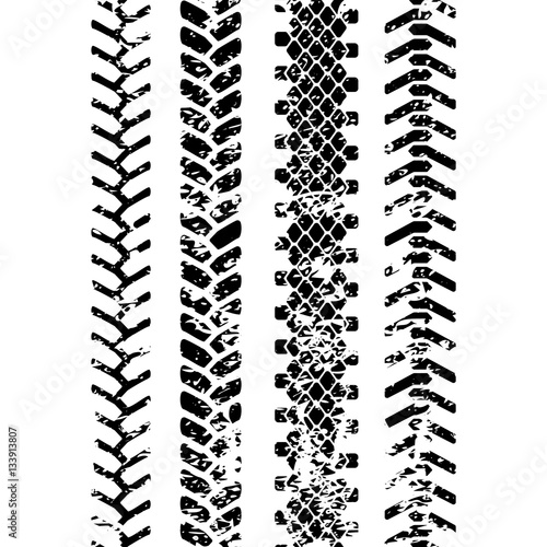 Black and white tire tread protector track grunge seamless pattern, vector set