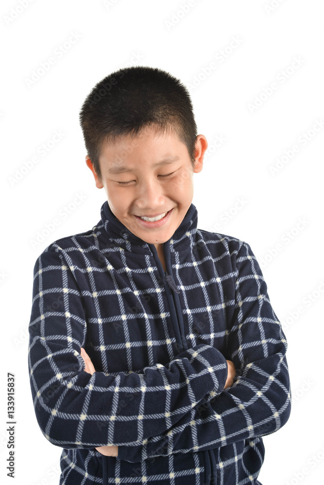 Portrait of Asian boy laughing on white. Portrait of Asian boy laughing on white.