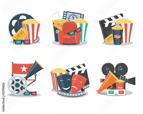 Set of cinema and film concepts illustration with movie theater elements.