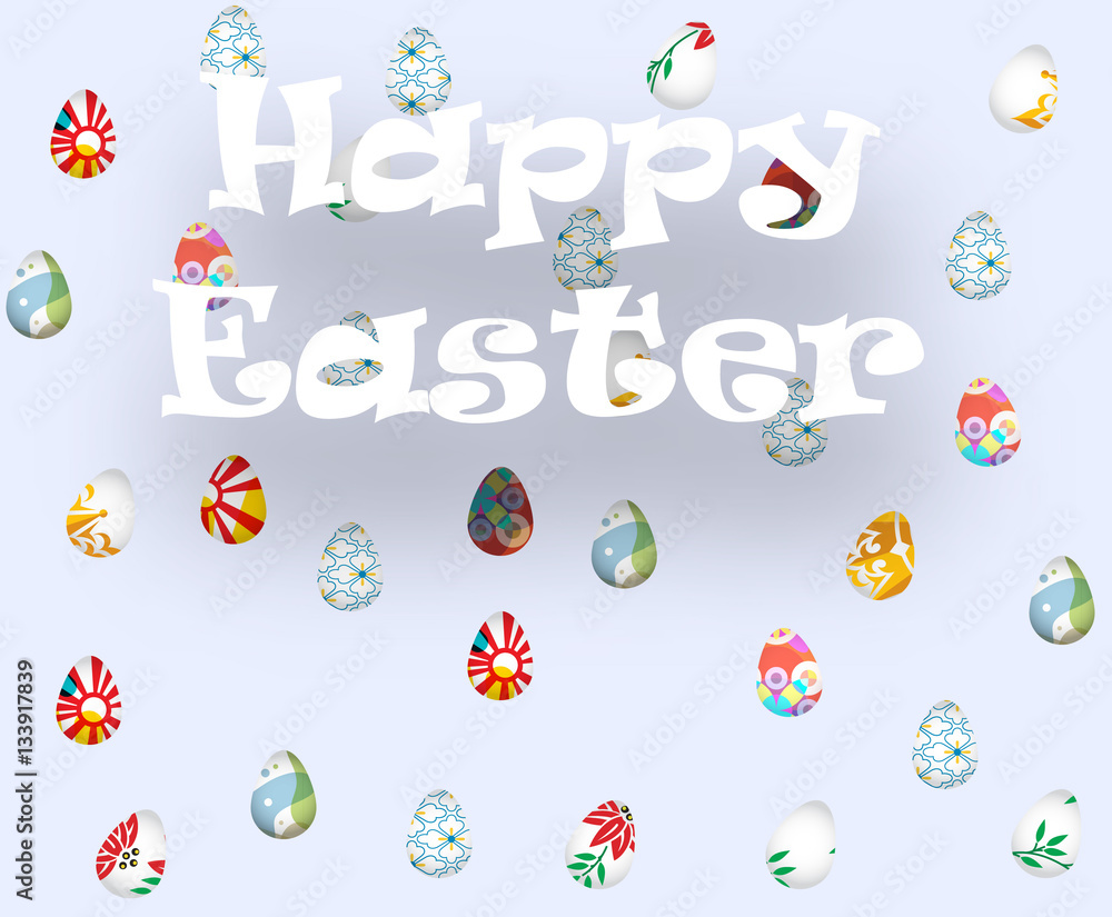 Greeting card with Happy Easter and rain with Easter eggs Greeting card with Happy Easter and rain with Easter eggs