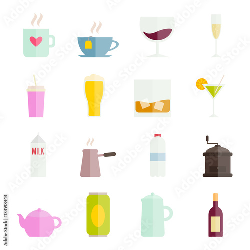 Collection of vector colorful flat drinks icons for web and mobile apps design