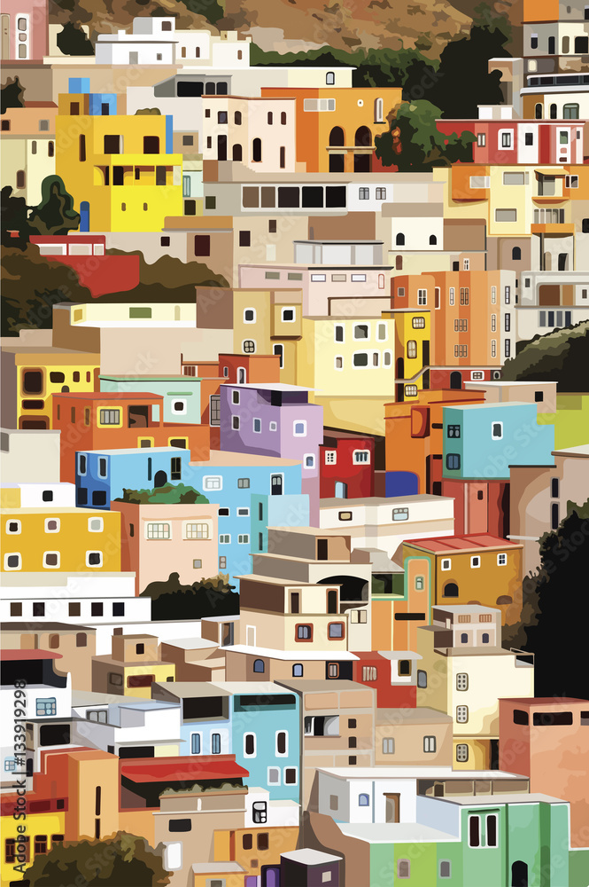 Colourful city of Guanajuato, Mexico. Vector. Urban cityscape. A