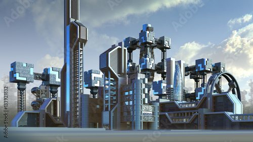 3D Illustration of a futuristic city skyline architecture with skyscrapers and modern glass structures  for fantasy or science fiction backgrounds