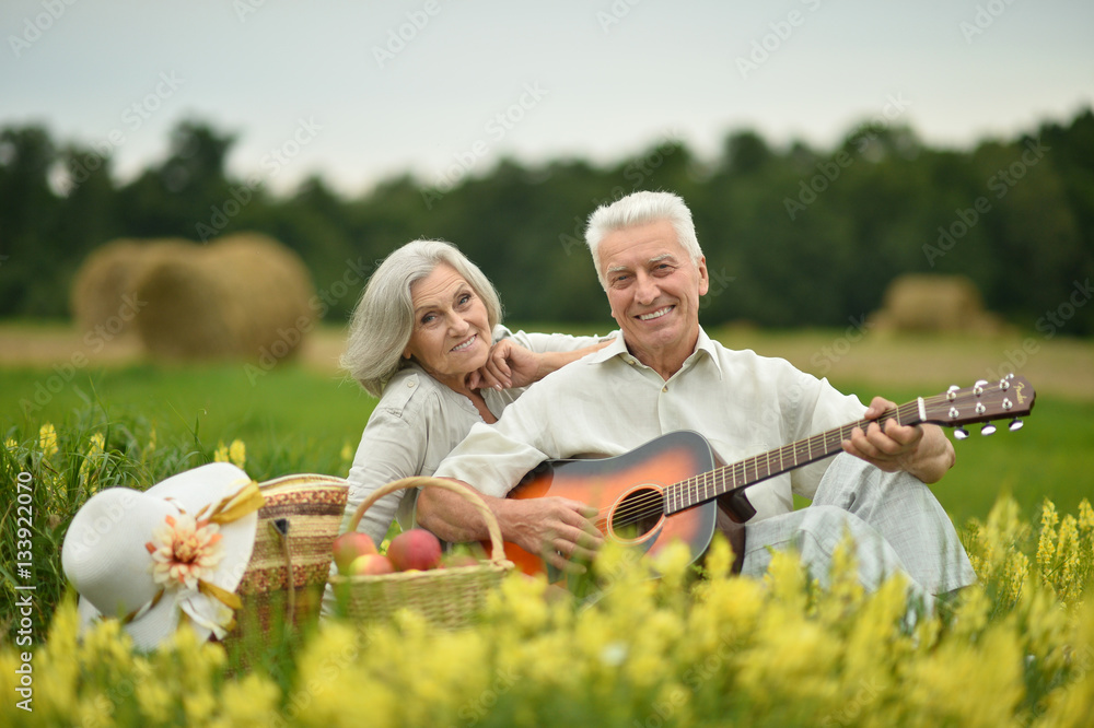 Senior couple with guitar at summer field