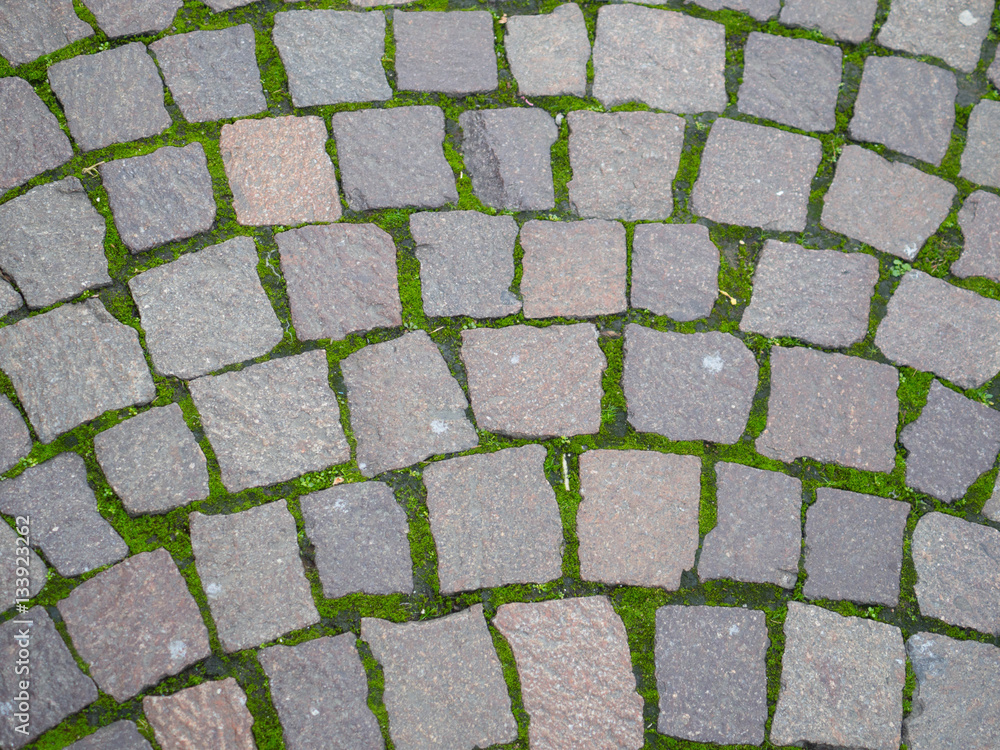 Square brick stone pattern on the street texture with moss at Italy Square brick stone pattern on the street texture with moss at Italy