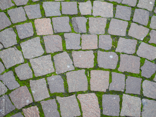 Square brick stone pattern on the street texture with moss at Italy