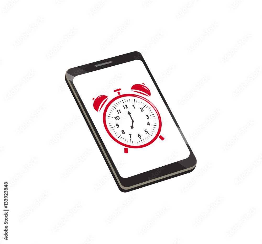 Vector image of a smartphone with an alarm clock on screen Vector image of a smartphone with an alarm clock on screen