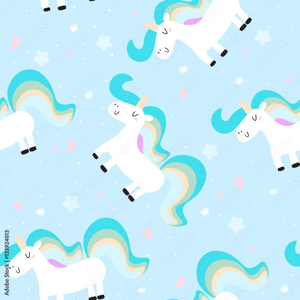 cute unicorn on a blue background, vector pattern