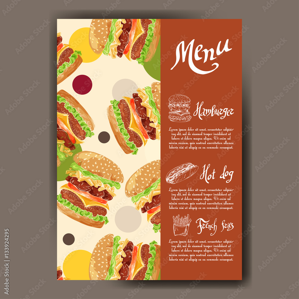 Cafe menu with hand drawn design. Fast food restaurant menu template. Card for corporate identity. Vector illustration