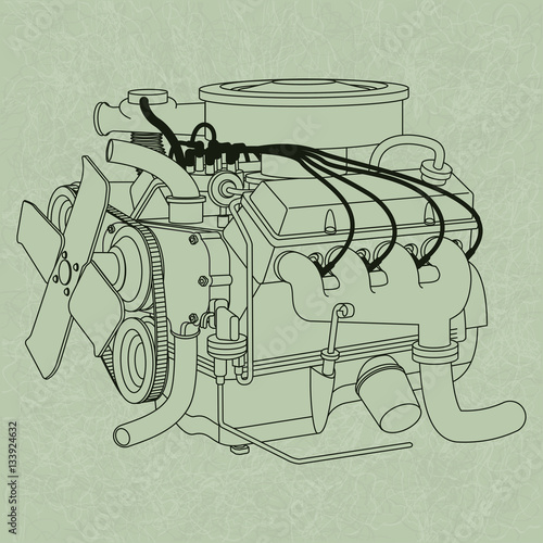Generic car engine assembly diagram showing fan air filter spark plugs & wires & engine block